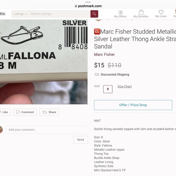 NWT Marc Fisher Studded Metallic Silver Leather Thong Ankle Strap Sandal - Picture 12 of 12